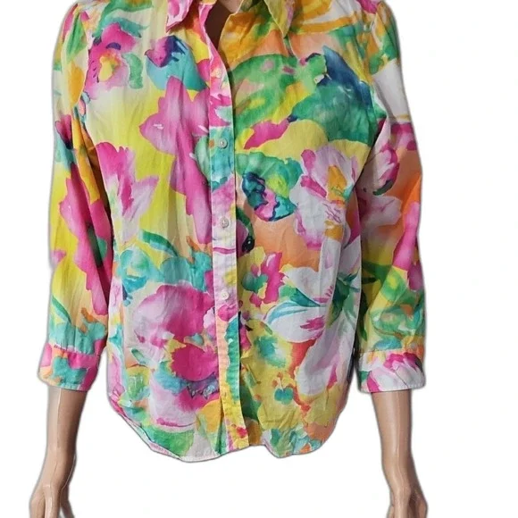 Lauren Ralph Lauren  Pink Yellow Graphic Button Down Shirt - Picture 3 of 8